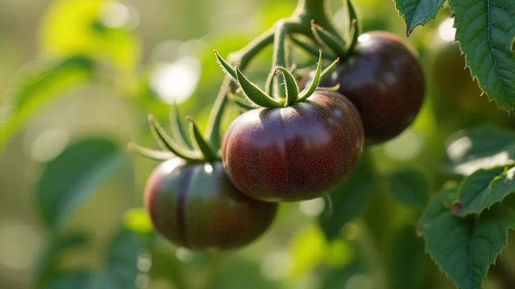 Ripe 'Black Krim' tomatoes on a vine