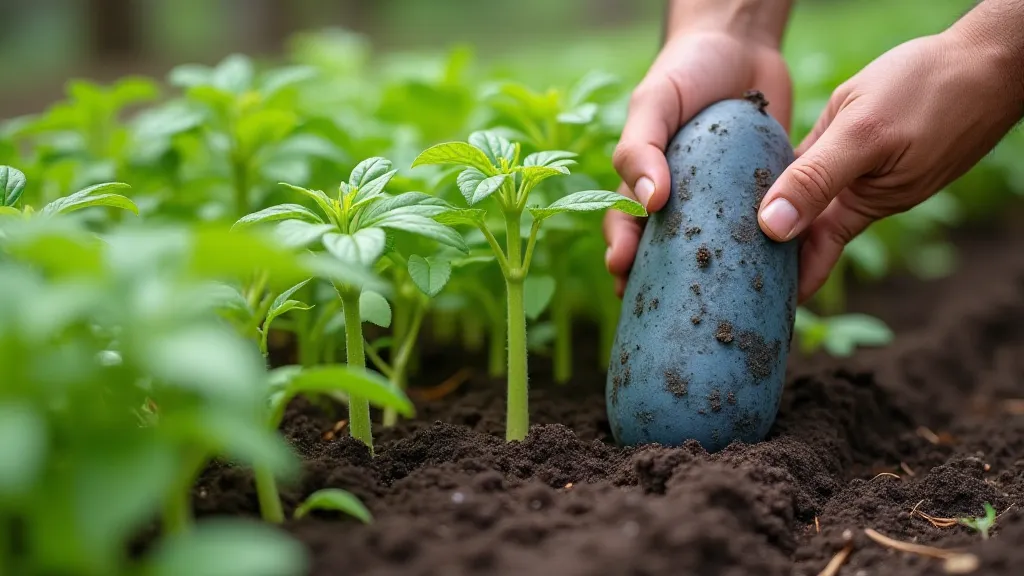 Gardener harvesting blue potatoes
