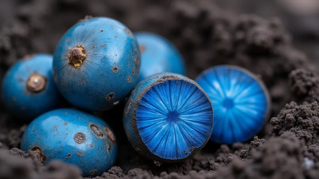 Blue potatoes partially unearthed from soil