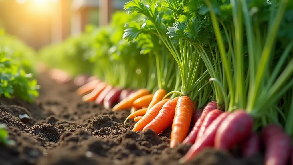 Colorful carrots growing in a garden