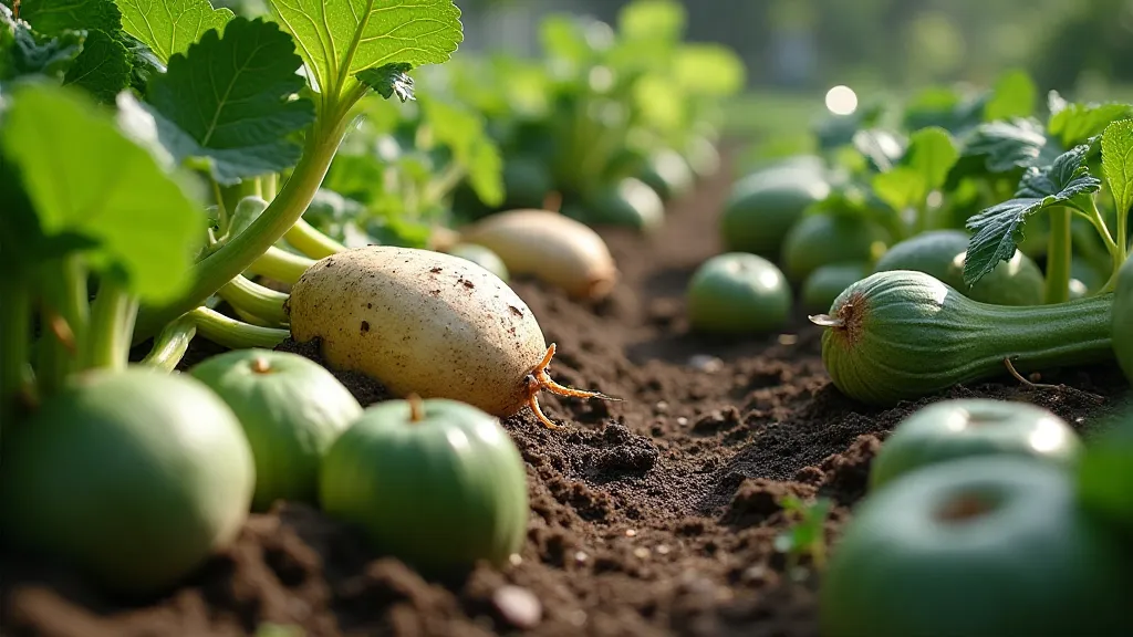 Celeriac, Kohlrabi, and Pattypan Squash in a garden bed