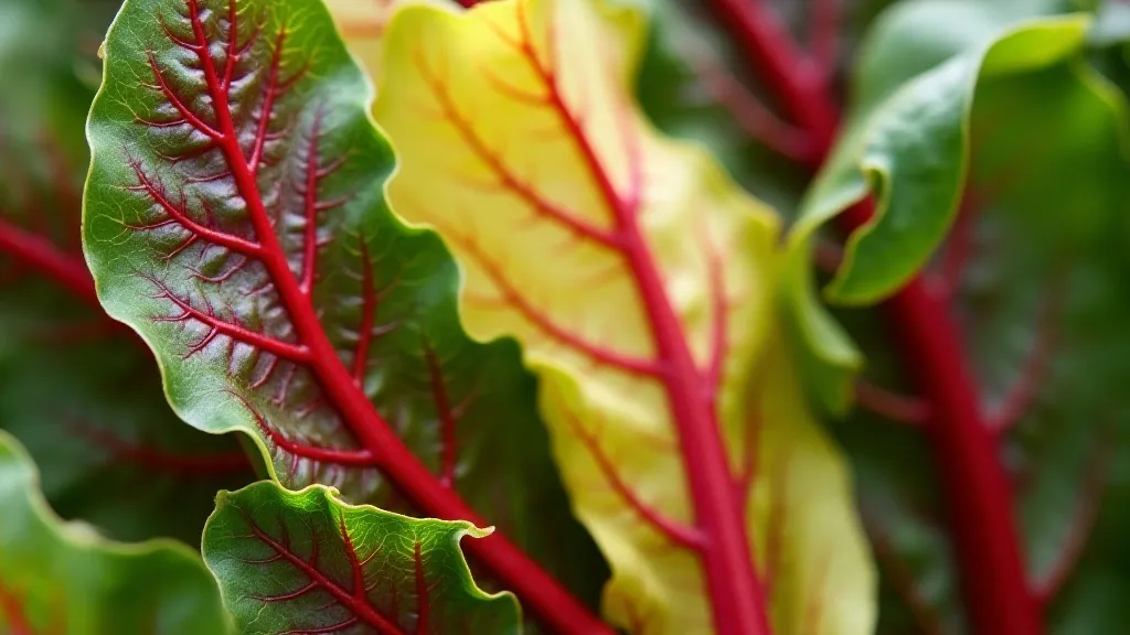 Detailed view of tri-color chard leaves