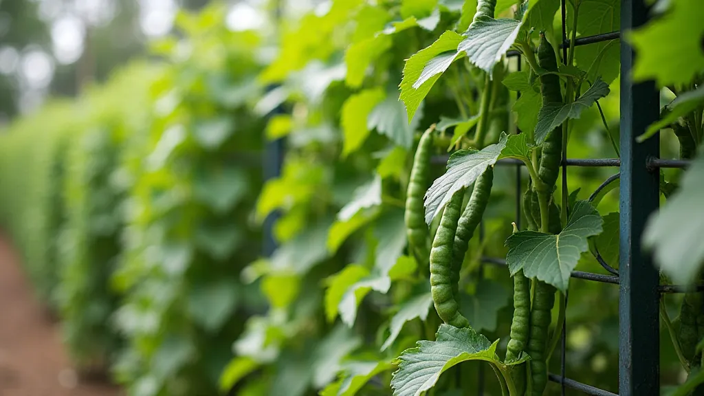 Dragon Tongue bean plants on a trellis