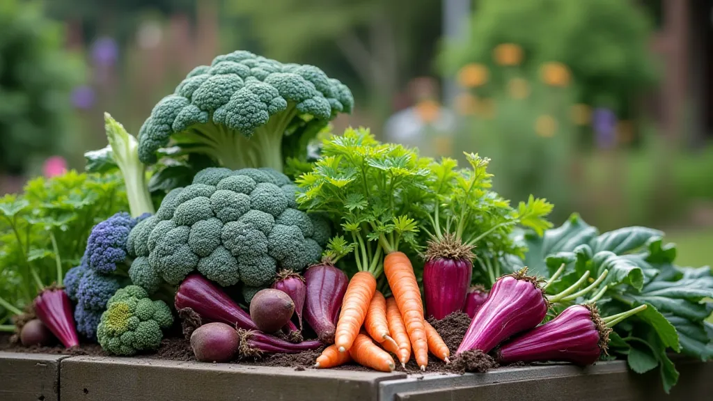 Colorful vegetables growing in a raised garden bed