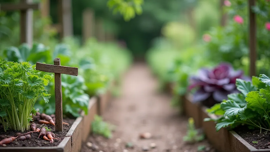 Garden pathway lined with raised beds of unusual vegetables