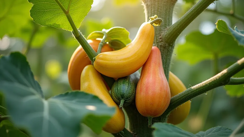 Kaleidoscope squash plant with colorful fruits