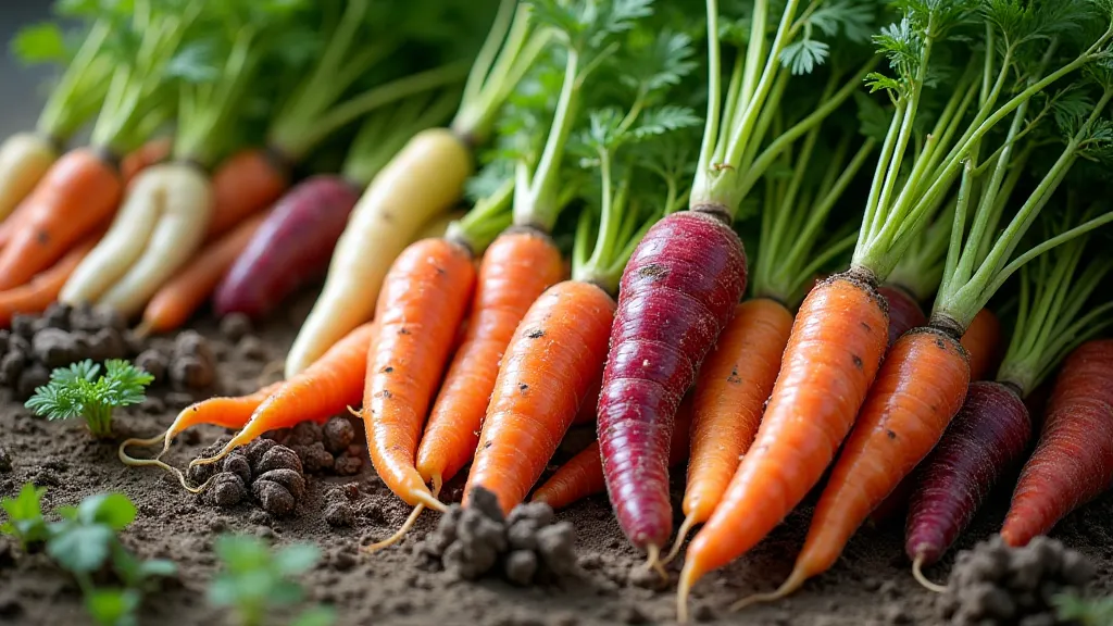 Variety of colored carrots in a garden bed