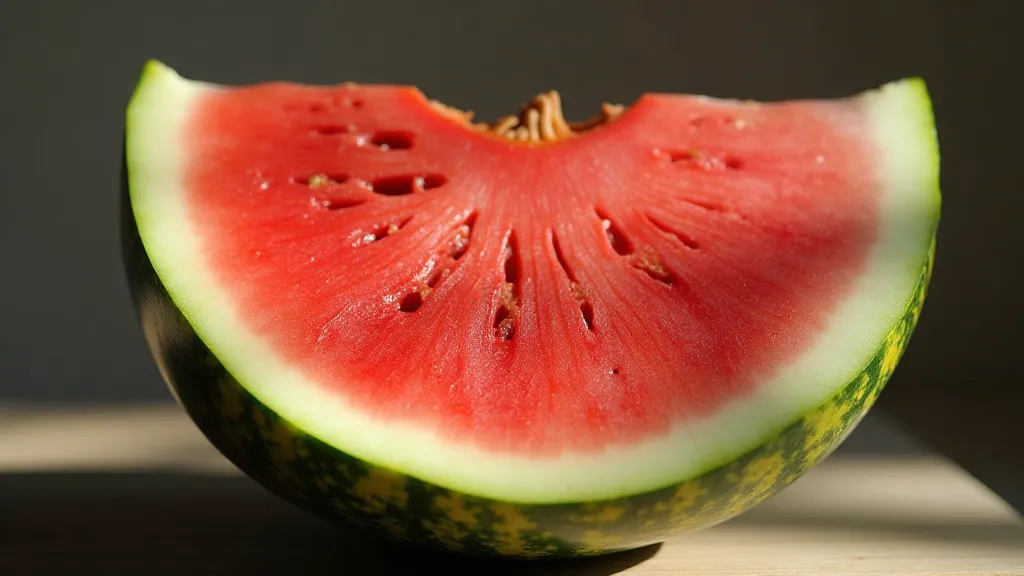 Half of a 'Moon and Stars' watermelon showing the speckled rind and red flesh