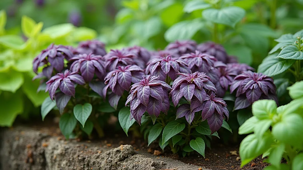 Purple basil plants growing in a garden bed