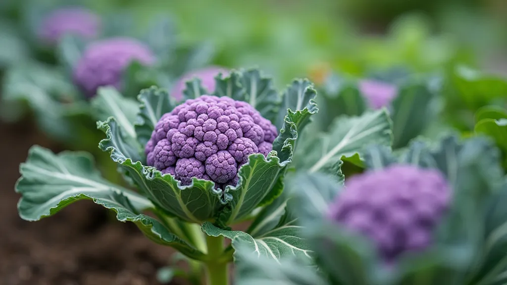 Purple cauliflower plants in a garden