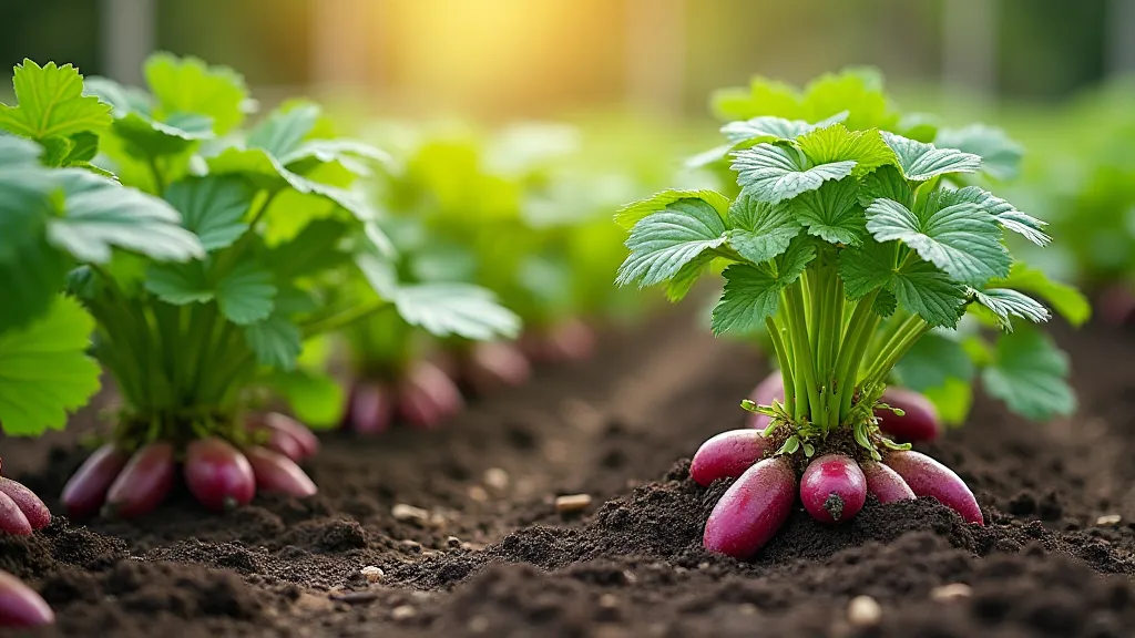 Purple sweet potato plants growing in a garden