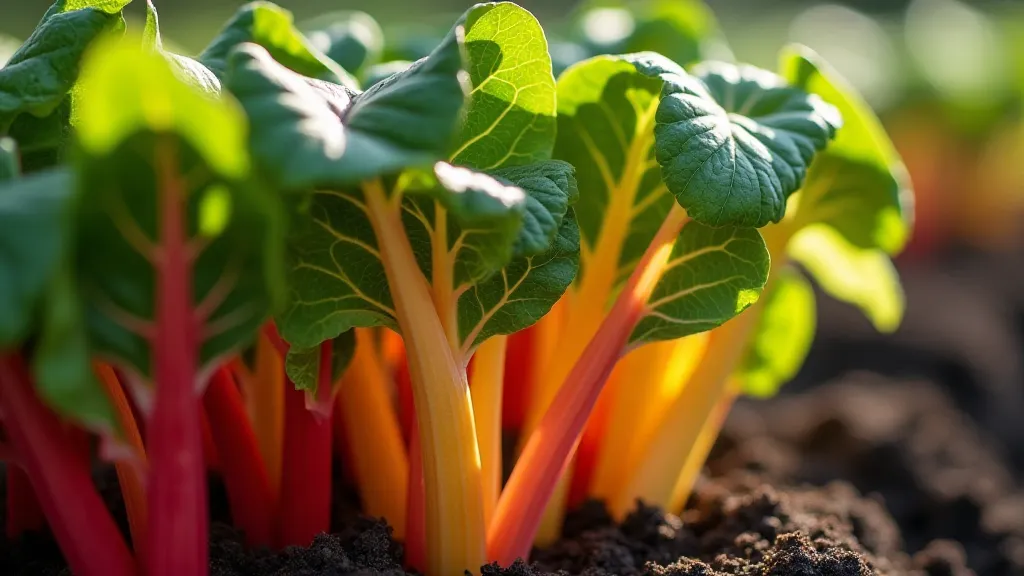 Colorful rainbow chard stems growing in a garden