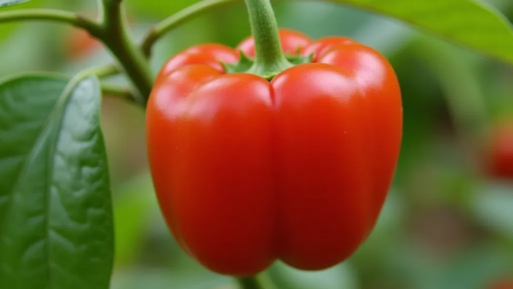 Ripe red bell pepper on the plant