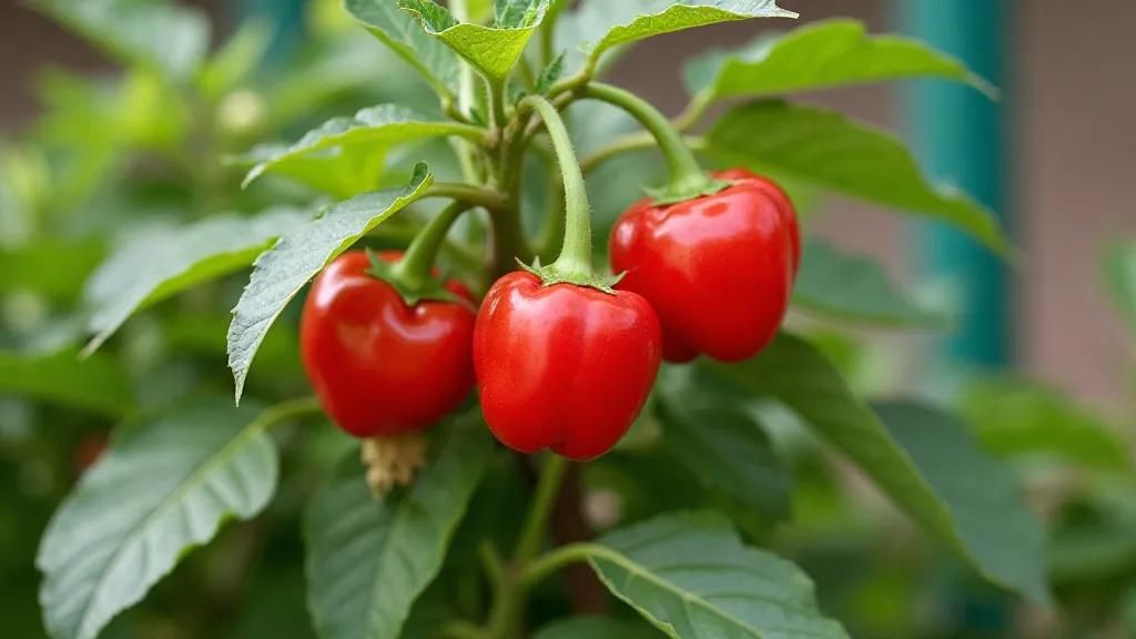 Red bell pepper plant supported by a stake