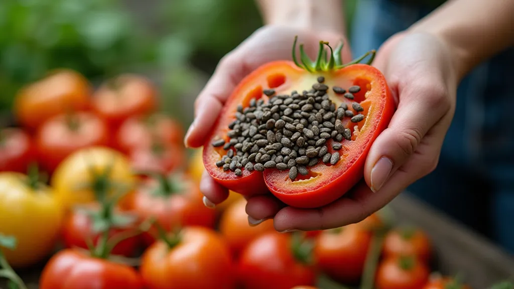 Gardener saving seeds from a colorful heirloom tomato