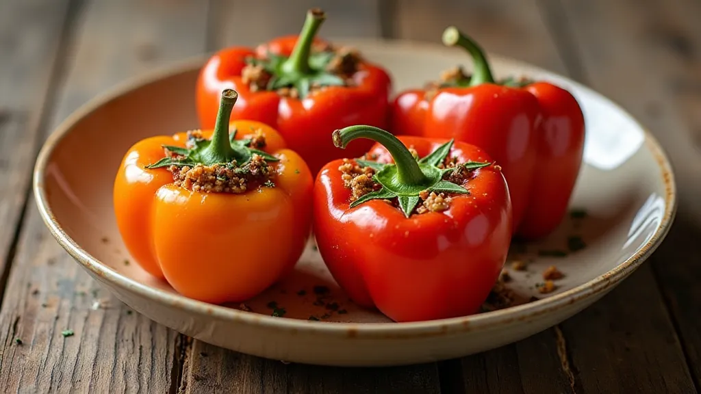 Stuffed red bell peppers on a wooden table